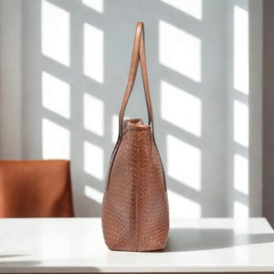 Handmade Woven Leather Tote Bag, Cognac Shoulder Purse, Michigan Crafted Design imagem 14