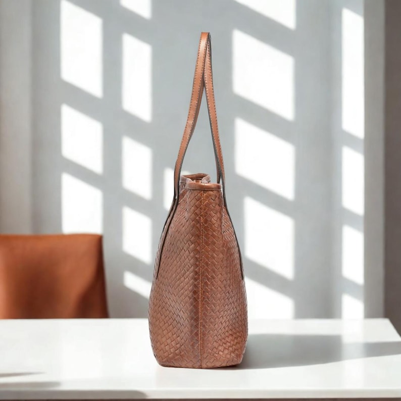 Handmade Woven Leather Tote Bag, Cognac Shoulder Purse, Michigan Crafted Design imagem 14