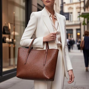 Handmade Woven Leather Tote Bag, Cognac Shoulder Purse, Michigan Crafted Design imagem 16