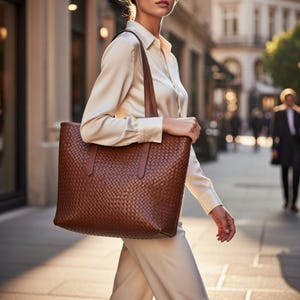Handmade Woven Leather Tote Bag, Cognac Shoulder Purse, Michigan Crafted Design imagem 15