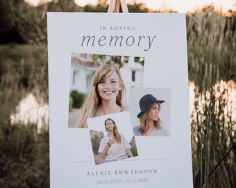 Pode incluir: Uma placa memorial branca em um cavalete de madeira, com as palavras "IN LOVING memory" em escrita elegante. A placa apresenta três fotos de uma mulher e o texto "ALEXIS EDWARDSON Jan 8, 2000 - Oct 1, 2023".