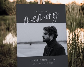 Op de afbeelding: Een donkergrijze herdenkingsbord op een houten ezel. Op het bord staat in witte letters "IN LOVING memory". Daaronder staat een zwart-wit foto van een man met de naam "CHARLIE MORRISON" en de data.