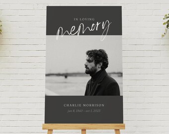 Op de afbeelding: Een herdenkingsbord op een houten ezel. Het bord is verdeeld in drie secties: een donkergrijze bovenkant met de woorden "IN LOVING MEMORY", een zwart-wit foto van een man en een donkergrijze onderkant met de naam "CHARLIE MORRISON" en data.