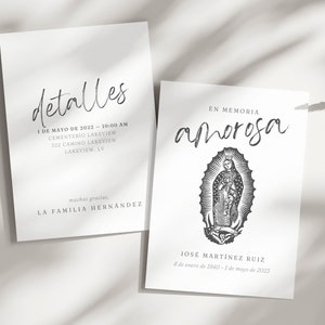 Programme d'enterrement espagnol | Inviter | En souvenir de | Tarjeta Funérailles de la Vierge Marie | Vierge de Guadalupe | Invitation funèbre | Anunció funèbre