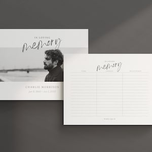 May include: A black and white photograph of a man on a white card with the text "In loving memory" and "Charlie Morrison Jan 8, 1940 - Oct 1, 2025". The card is next to a blank white card with the text "In loving memory" and a sign-in sheet for a memorial service.