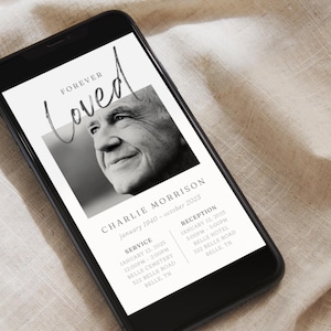 May include: Black and white photo of a man on a white card with the text "Forever Loved" and the name "Charlie Morrison" with dates of birth and death. The card also includes details for a service and reception.