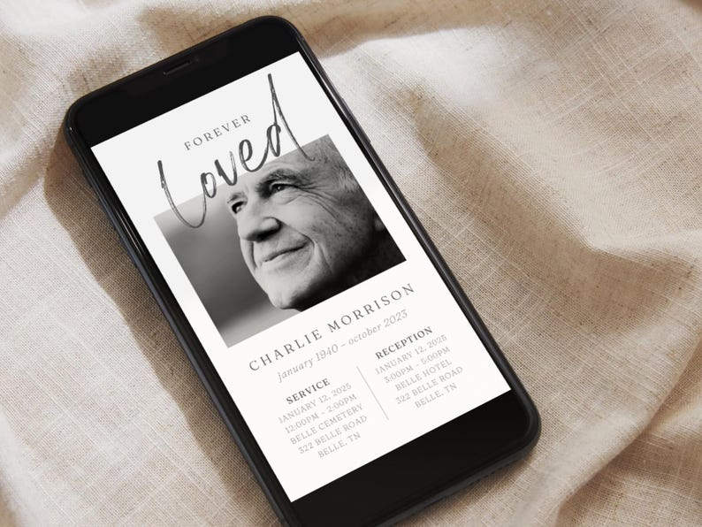 May include: Black and white photo of a man on a white card with the text "Forever Loved" and the name "Charlie Morrison" with dates of birth and death. The card also includes details for a service and reception.