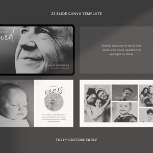 May include: A Canva template with a grayscale design. The template includes a photo of a person with the text "Forever Loved" and "Charlie Morrison". Other sections feature baby photos and family portraits. Text reads "Early Years" and "Fully Customizable".
