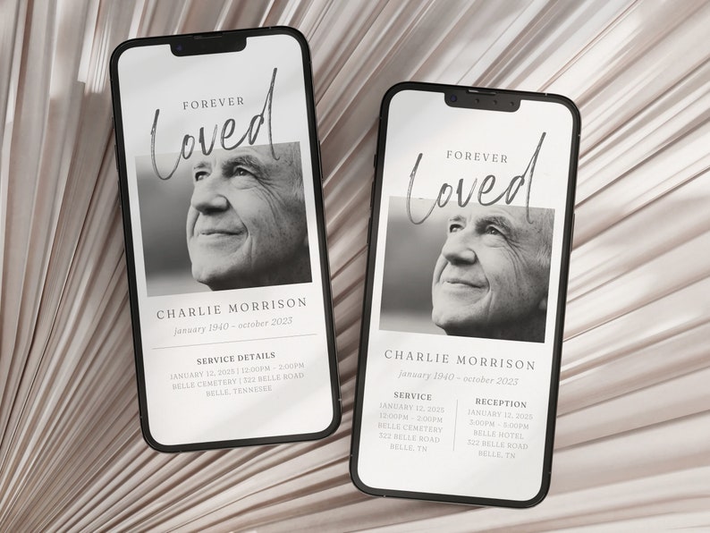 May include: A black and white photo of a man on a white background with the text "FOREVER Loved" above the photo and "CHARLIE MORRISON January 1940 - October 2023" below the photo. The text "SERVICE DETAILS" is below the name and date with details about the service and reception.