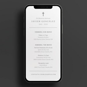 Plantilla de invitación electrónica funeraria en español Canva / Invitación a servicio funerario solo texto / Memorial Evite / Invitación sin foto / Programa digital