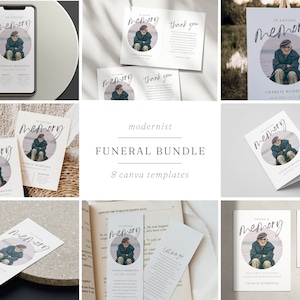 May include: A set of eight printable funeral templates in a minimalist style. The templates feature a photo of a man in a circle with the text "In loving memory" in a handwritten font. The templates are designed for use with Canva.