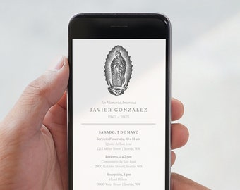 May include: A black and white image on a smartphone screen showing a funeral announcement for Javier González. The announcement includes the dates of his birth and death, 1940-2025, and details of the funeral service, burial, and reception.