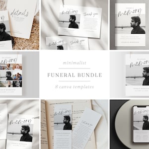 May include: A set of eight minimalist funeral templates for Canva. The templates feature a black and white photo of a man with the text "In loving memory" and "Share a memory".
