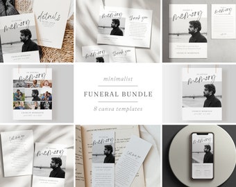 May include: A set of eight minimalist funeral templates for Canva. The templates feature a black and white photo of a man with the text "In loving memory" and "Share a memory".