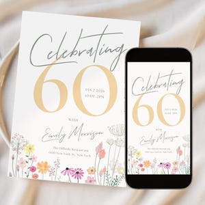 60th birthday invitation | Digital Birthday Invite | 60th birthday evite | 60th birthday e-vite | Floral Invite | 60th Birthday Party