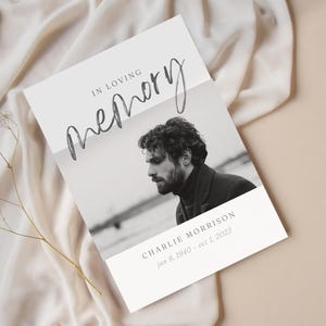 May include: A memorial card with the words "In Loving Memory" in script. A black and white photo of a man is featured below the text. The card also includes the name "Charlie Morrison" and dates.