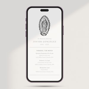Anuncio de funeral en español / Invitación a la memoria católica / Evite el teléfono / Mensaje de texto / En Memoria de / Virgen María / Invitacion Funebre
