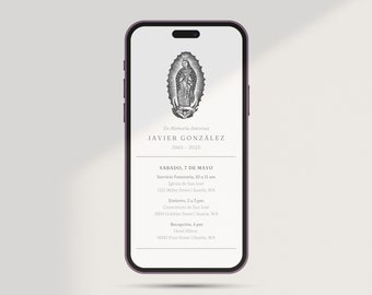 May include: A black and white image of a smartphone displaying a funeral announcement for Javier González. The announcement includes the date and time of the funeral service, burial, and reception. The announcement also includes the name of the church, cemetery, and hotel where the events will take place.