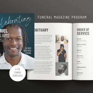 de magazine Funérailles bleu canva | Programme des funérailles | Célébration de la vie | Ordre de service | Modèle de magazine Programme d&#39;obsèques Canva