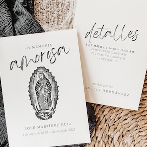 Programme d'enterrement espagnol | Inviter | En souvenir de | Tarjeta Funérailles de la Vierge Marie | Vierge de Guadalupe | Invitation funèbre | Anunció funèbre