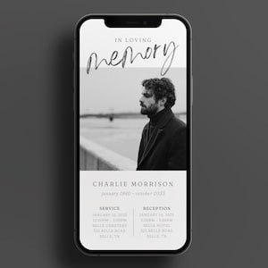 Plantilla de invitación electrónica para funerales Canva / Servicio funerario Evite / Invitación digital para celebrar la vida / Invitación para funerales con mensaje de texto