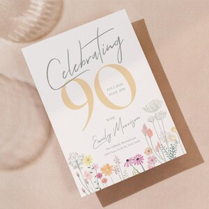 May include: A white card with a floral design and the text "Celebrating 90" in gold lettering. The card also includes the date "Jan 2, 2024" and the time "6:00 PM" in smaller text. The text "with Emily Morrison" is written in cursive below the number 90. The card is on a brown background.