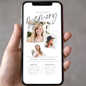 以下が含まれることがあります： スマートフォンには、「In Loving Memory」の文字と女性の写真が掲載された追悼のお知らせが表示されています。お知らせには、2025年1月12日にベル墓地とベルホテルで行われるサービスとレセプションの詳細が含まれています。