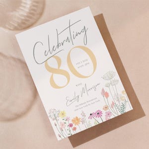 May include: A white card with the text "Celebrating 80" in grey script and a gold number 80. The card has a floral design with pink, yellow, and white flowers. The text "with Emily Morrison" is written in grey script below the number 80. The text "The Historic Restaurant, 1000 New York St, New York" is written in grey script below the name.