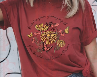 Rooted in Grace Growing in Faith PNG | Christian Floral Bible Design | Wilderness Blooms Sublimation File | Faith Shirt Digital Download