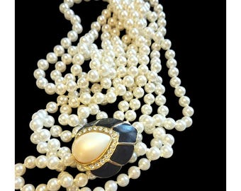 Vintage 1990s Triple Strand Faux Pearl Necklace Cabochon & Rhinestone Black Enamel Enhancer