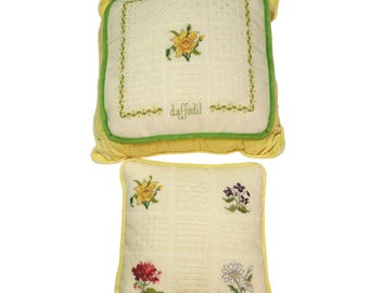 Vintage Floral Cross Stitch Pillow Set With Yellow & Green Velvet Backing
