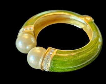 Vintage Gold-Tone Hinged Bracelet With Green Enamel Rhinestones  Faux Pearl Accents