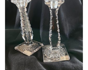 Antique New Martinsville Glass Co Serrated Edge Candlestick Holders Pair High Victorian Style