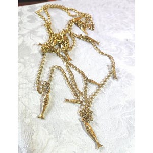 Mcm Gold Tone Opera Flapper Chain Necklace With Fish Charms Long Vintage Style