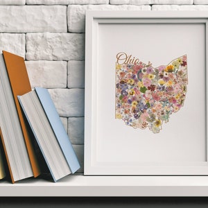 Ohio flores impressão artística do estado mapa floral arte da parede mapa de flores dos estados unidos Ohio para impressão digital mapa de Ohio WallArt mapa do estado arte