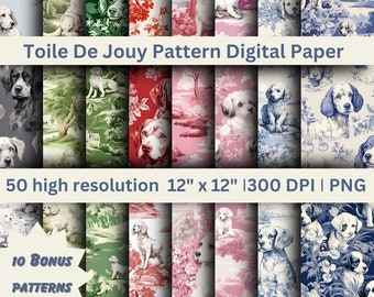 Toile inspired Digital Paper, Toile De Jouy Motifs, Puppy Seamless Pattern, Scrapbooking paper, Toile Printable Digital Download
