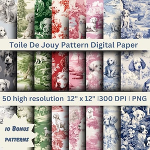 Toile inspired Digital Paper, Toile De Jouy Motifs, Puppy Seamless Pattern, Scrapbooking paper, Toile Printable Digital Download