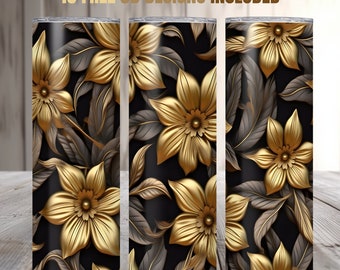 May include: Three stainless steel tumblers with a black background and gold floral pattern. The tumblers are 20 ounces each and have a double-wall insulated design.