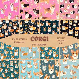 May include: 20 digital paper patterns featuring cute corgi dogs in various poses and colors. The patterns are seamless and perfect for crafting projects, scrapbooking, and more. Each pattern is 12 inches by 12 inches and 300 DPI.