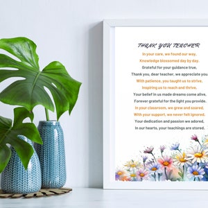 Thank You Teacher Poem Digital Download For Teacher Appreciation Printable End Of Teaching Year Present Teachers Day Wall Art Gift
