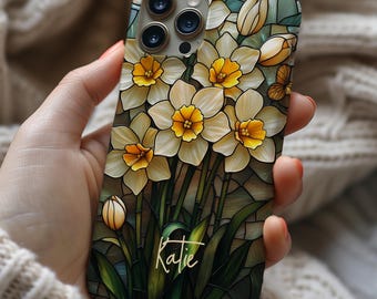 カスタムネームフェイクステンドグラス水仙iPhone 16 15 Proケース、S25 S24、Pixel 9 8 Pro用フローラルモザイクカバー、自然愛好家に最適
