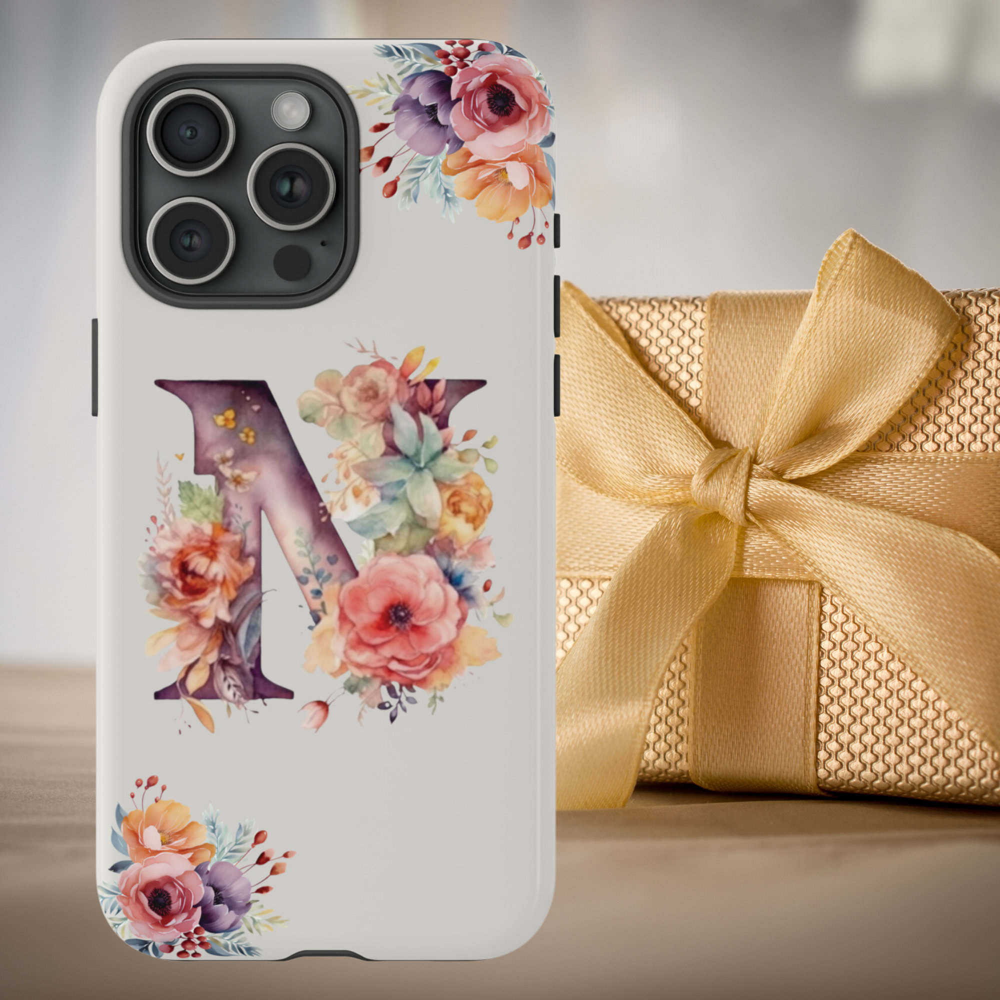 Letter N Boho IPhone Case, Floral IPhone 15 Pro Max Case, S23 Ultra Case, Pixel 7 Case, Pixel 6 Cell Phone Case, Large Monogram Phone Case