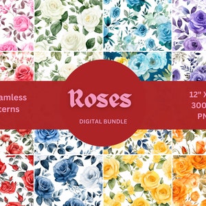 Roses Digital Paper, Seamless Watercolor Floral Pattern, Roses Collage Paper Pack, Watercolor Rose Printable Paper Pack, Digital Download.