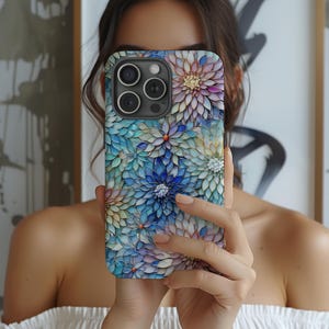 Iridescent Stained Glass Floral Mosaic Design Tough Case For iPhone 16/15 Pro Max, S24 Ultra/Pixel 8 Pro Cover, Flower Lover Perfect Gift