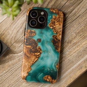 Wooden Grind iPhone 16 14 13 12 11 Pro Max Tough Case, Resin Epoxy Faux 3D Turquoise Cover, Printed S24 23 22 Ultra Protective Phone Case