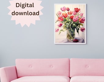 Tulip PRINTABLE Wall Art, Colorful Tulip In A Vase Print, Summer Floral Painting, Botanical Print, Spring Home Bedroom Wall Décor