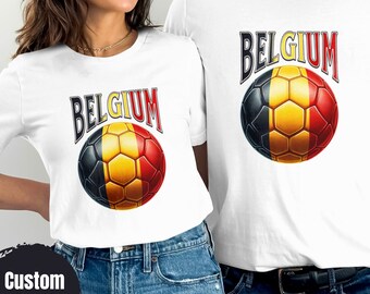 Custom Name Belgium Soccer Ball Flag T-Shirt, Belgian Football Fan Tee, Match Day Matching Family Tops, Gift for Soccer Lovers