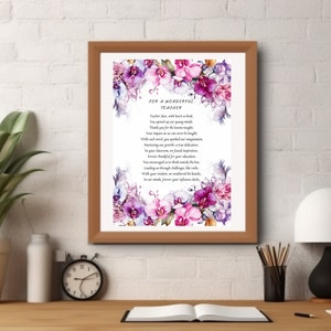 Wonderful Teacher Thank You Poem Digital Download For Teacher Appreciation Printable End Of Teaching Year Present Teachers Day Wall Art Gift