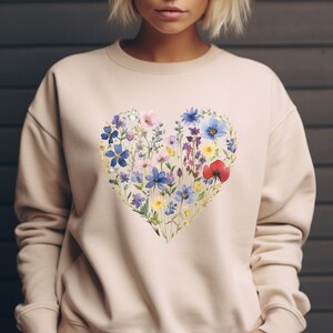 Sweater met geperste wilde bloemen, shirt met wilde bloemen, boho cottagecore-trui met ronde hals, vintage pastel botanische trui, sweater Fairycore