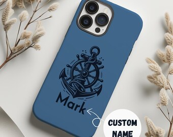 Funda personalizada con nombre, ancla náutica, color azul océano, para iPhone 16, 15 Pro Max, S24, Pixel 9/8, funda estética de pescador, regalo perfecto para amantes del mar